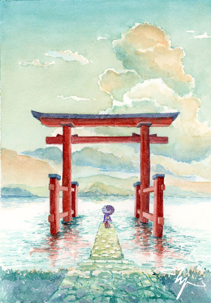 Torii-Gate-Hakone-Shrine_Watercolor_by_Herditirto
